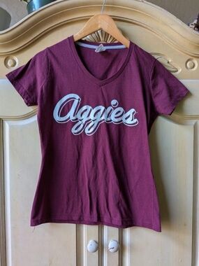 Aggies Script V-Neck T-Shirt - Maroon with White Logo